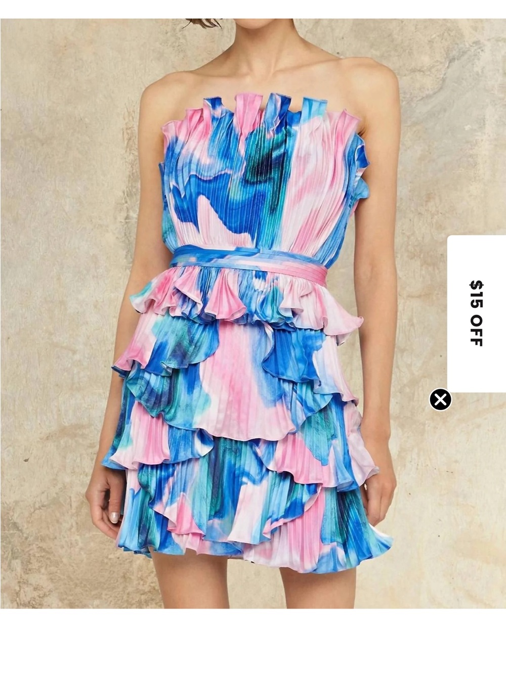 AMUR - Jayda Shell Strapless Ruffled Watercolor Mini Dress in Blue and Pink